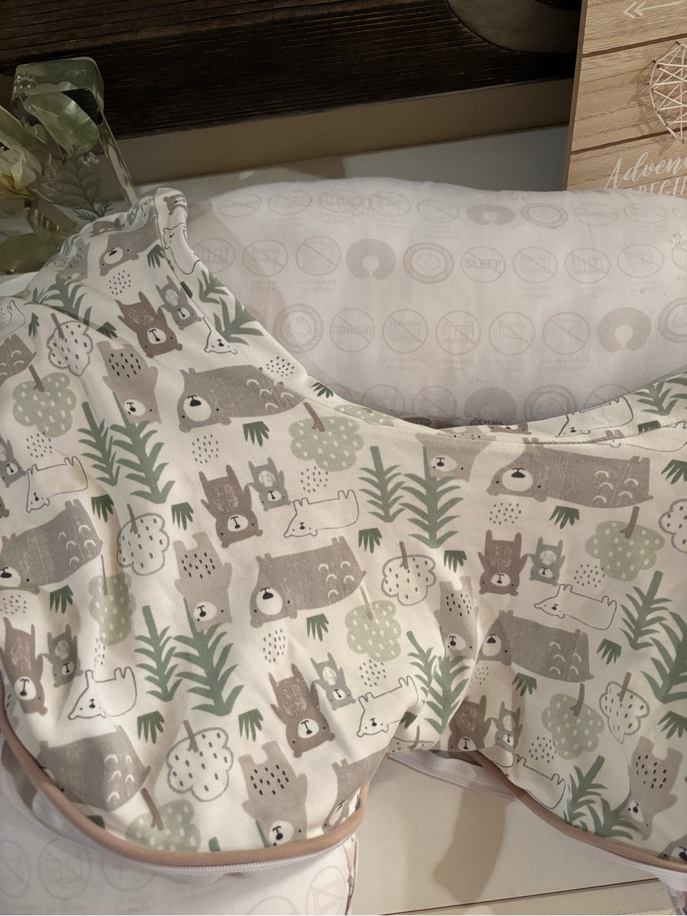 Boppy Nursing Pillow Cover with Sage Green, Taupe, and Cream Woodland Animals